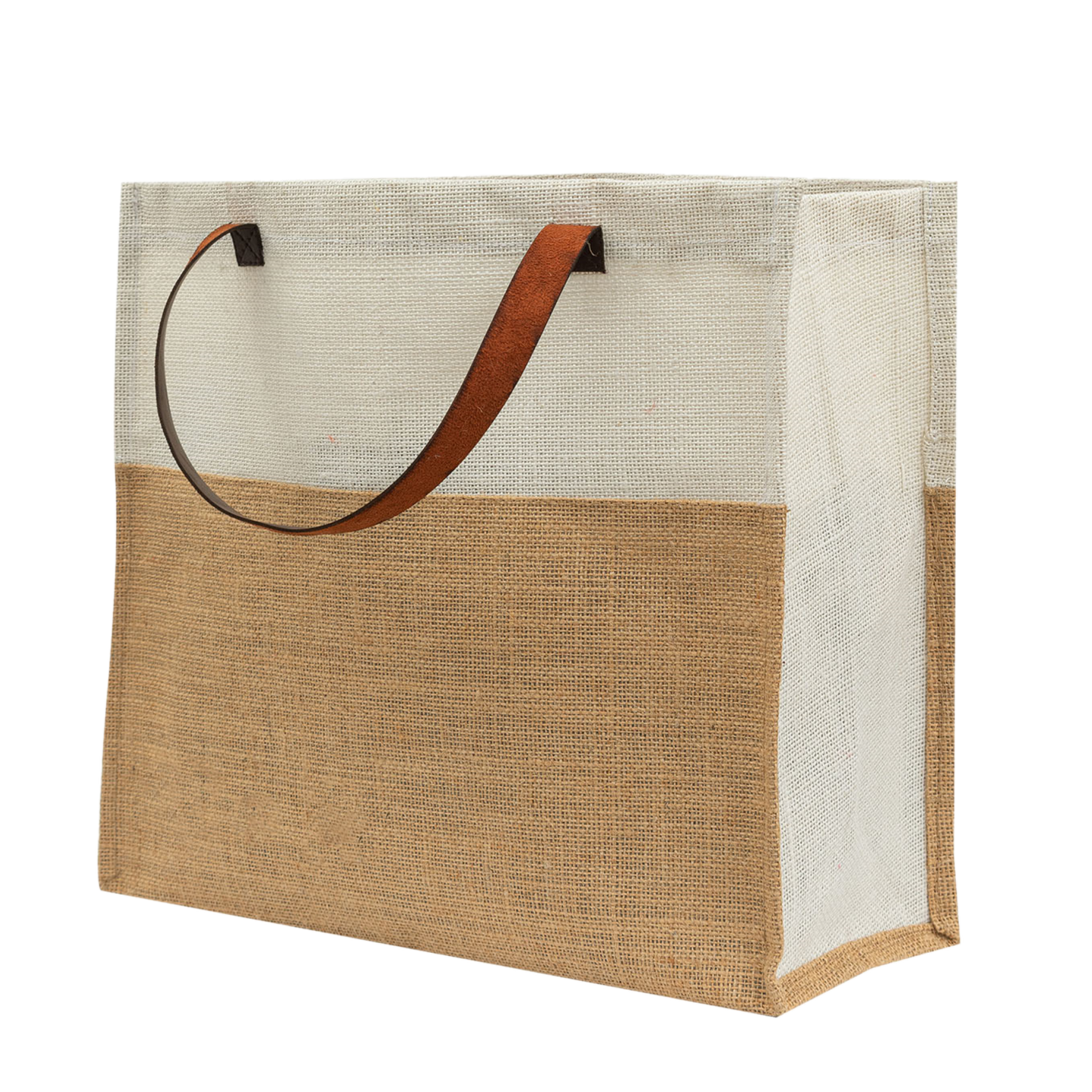 Two-Tone Jute Tote Bag with Leather Handle