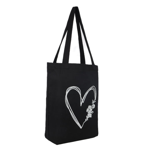 Elegant Heart & Floral Black Cotton Tote Bag