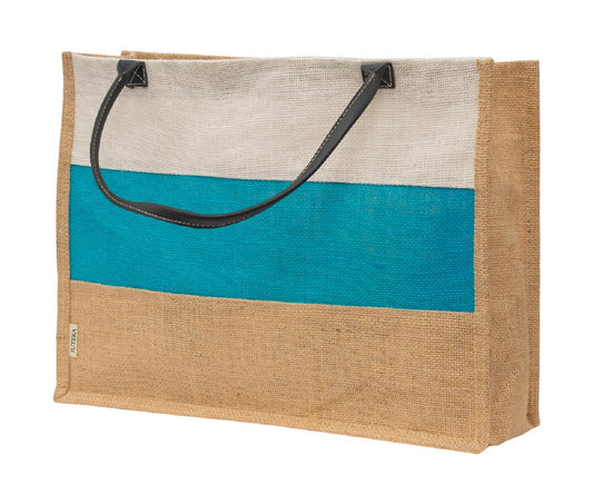 Elegant Tri-Tone Jute Tote Bag with Leather Handles