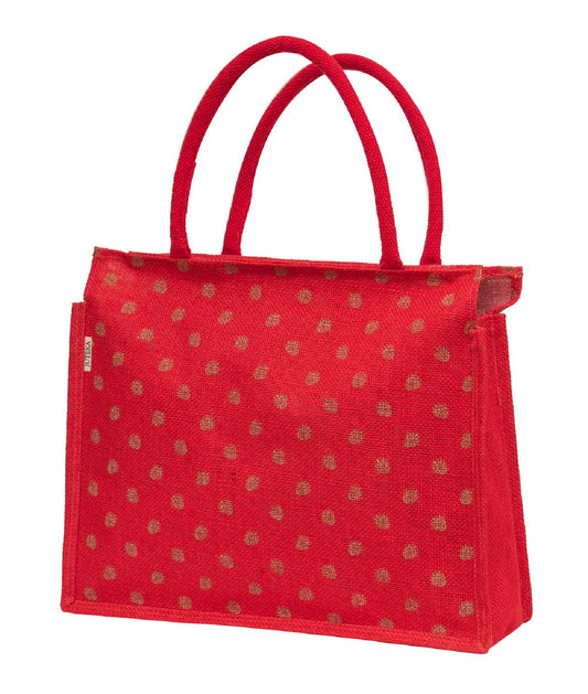 Elegant Red Polka Dot Jute Tote Bag