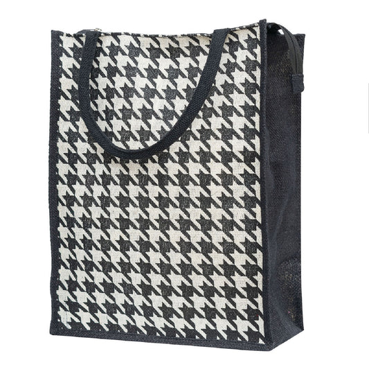 Houndstooth Jute Tote Bag – Black & White