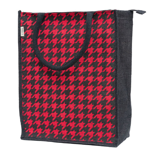 Houndstooth Jute Tote Bag - Bold Red & Black