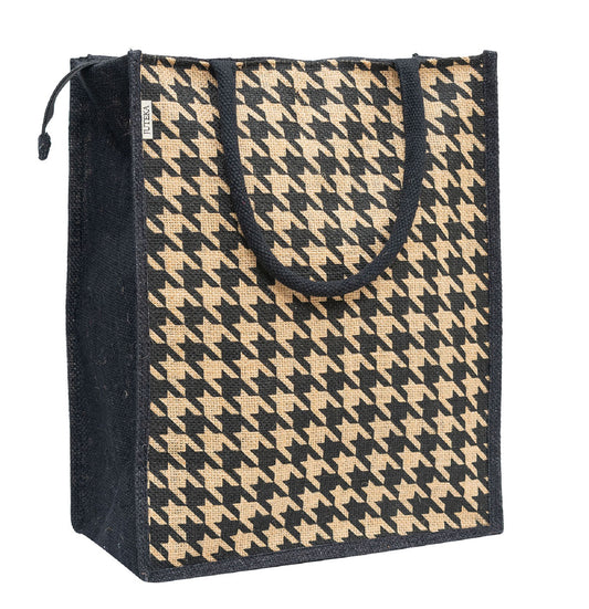 Houndstooth Jute Tote Bag - Black & Beige