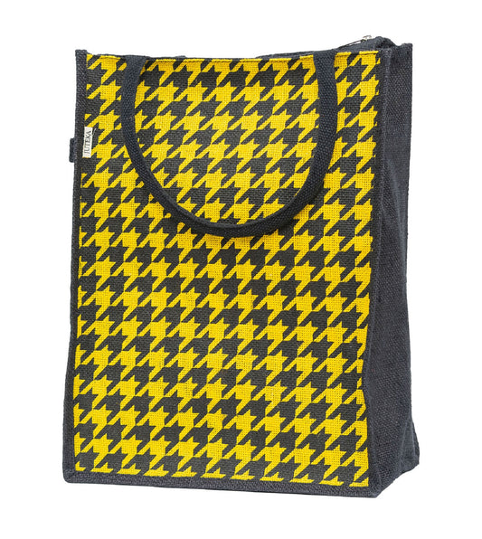 Houndstooth Jute Tote Bag - Bold Yellow & Black