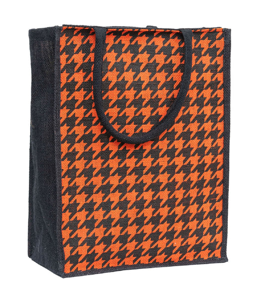 Houndstooth Jute Tote Bag - Stylish Orange & Black