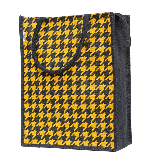 Houndstooth Jute Tote Bag - Chic Yellow & Black