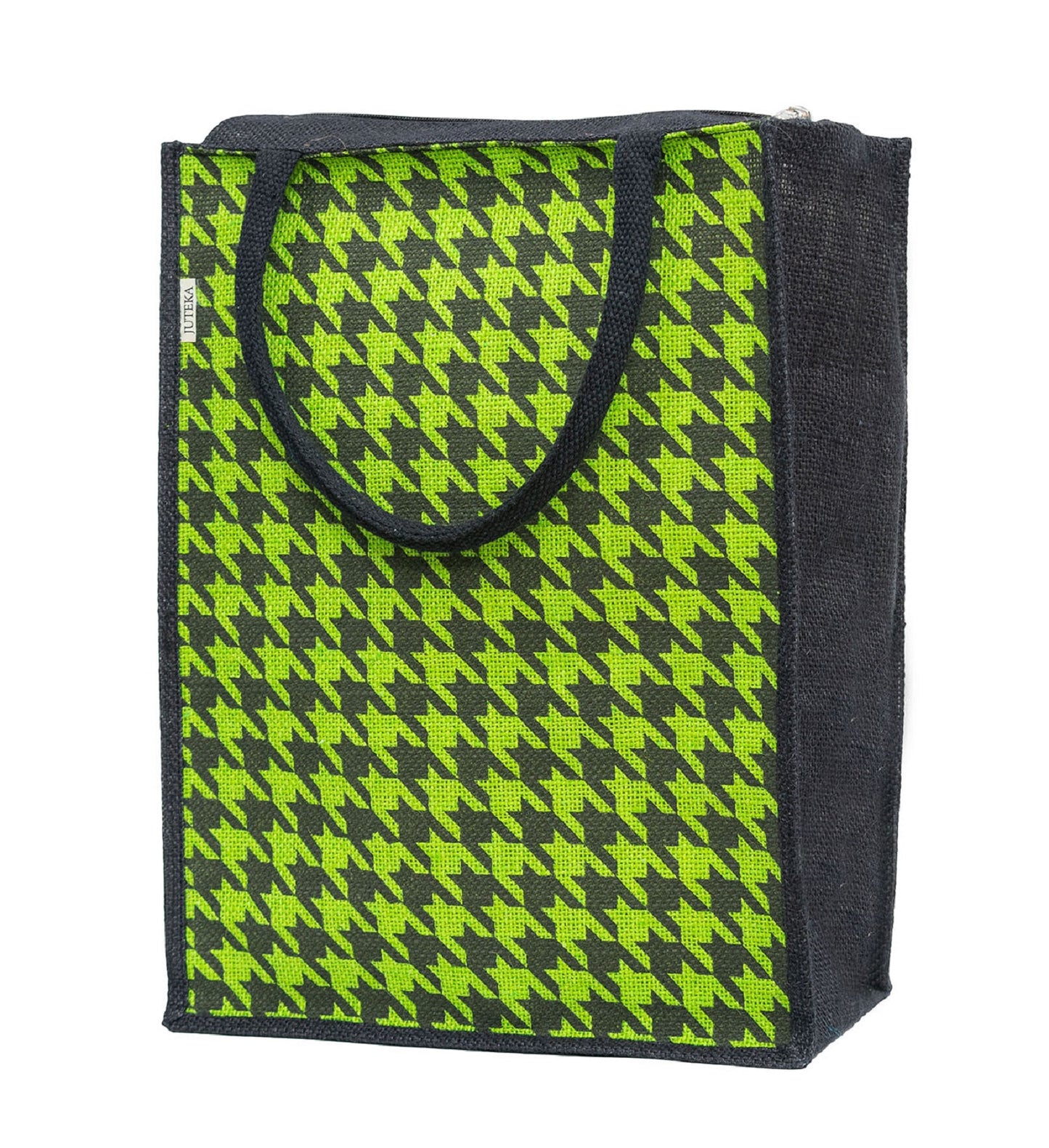 Houndstooth Jute Tote Bag - Black & Beige