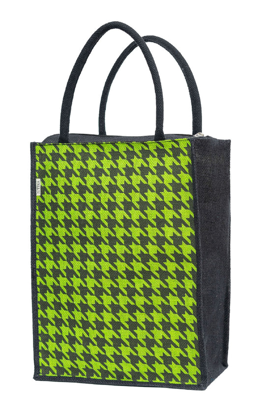 Houndstooth Jute Tote Bag - Vibrant Green & Black