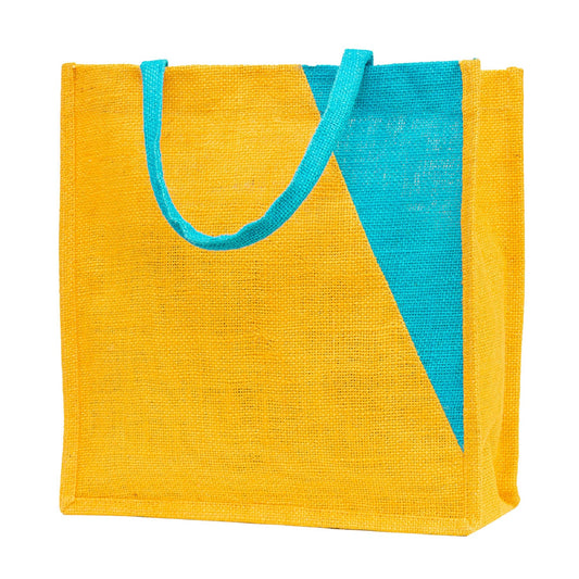 Yellow & Teal Geometric Jute Tote Bag