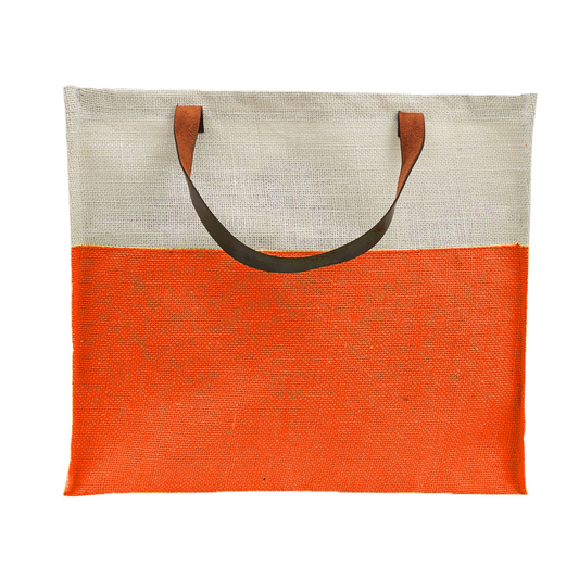 Two-Tone Jute Tote Bag with Leather Handle