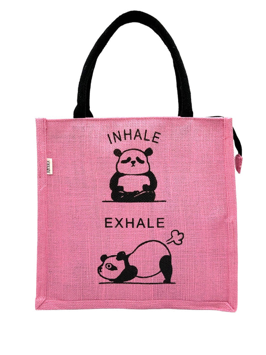 "Inhale Exhale" Panda Design Jute Tote Bag
