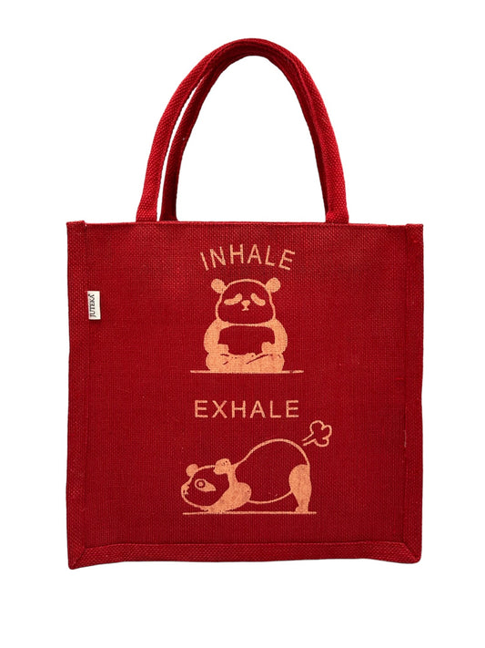 "Inhale Exhale" Panda Design Jute Tote Bag