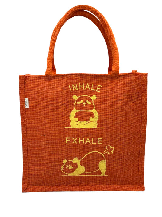 "Inhale Exhale" Orange Panda Jute Tote Bag