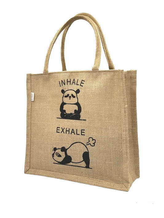 "Inhale Exhale" Panda Jute Tote Bag