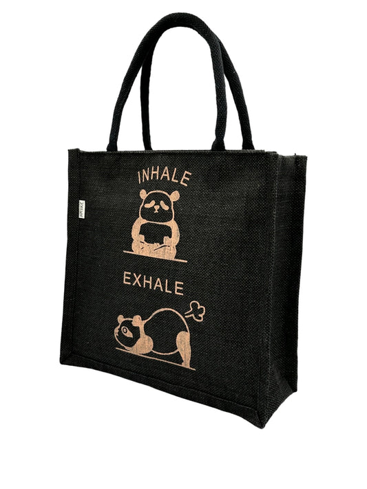 "Inhale Exhale" Black Panda Jute Tote Bag