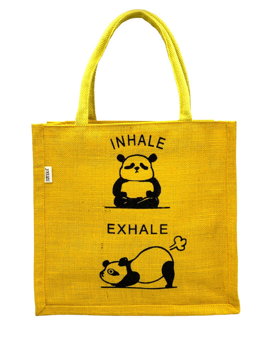 "Inhale Exhale" Panda Jute Tote Bag