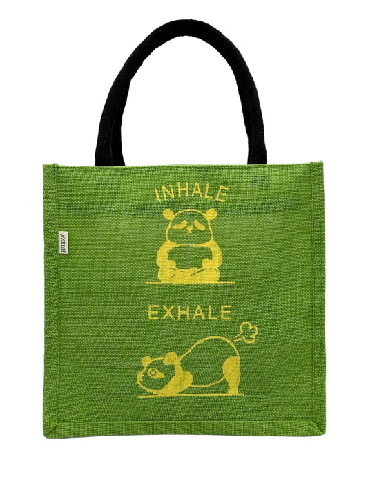 "Inhale Exhale" Panda Design Jute Tote Bag