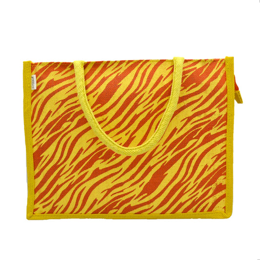 Bold Yellow & Red Tiger Print Jute Tote Bag
