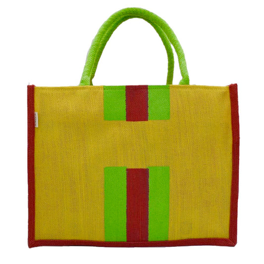 Jute Tote Bag – Green & Red Stripes