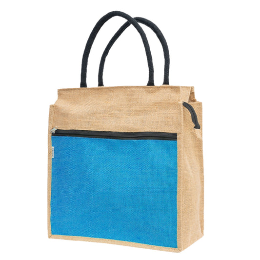 Jute Tote Bag with Blue Front Pocket & Zipper