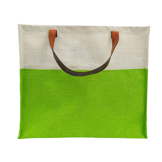 Two-Tone Jute Tote Bag with Leather Handle