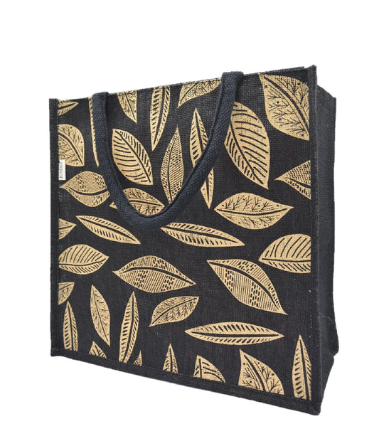 Gold Leaf-Print Jute Tote Bag