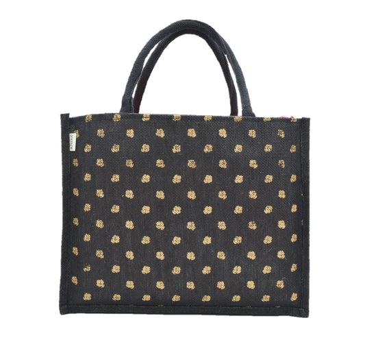 Jute Tote Bag (Gold Polka Dots)