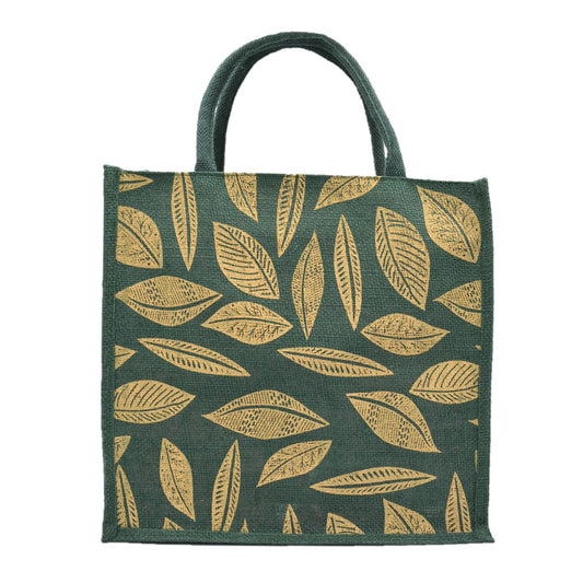 Green Jute Tote Bag – Elegant Leaf Print