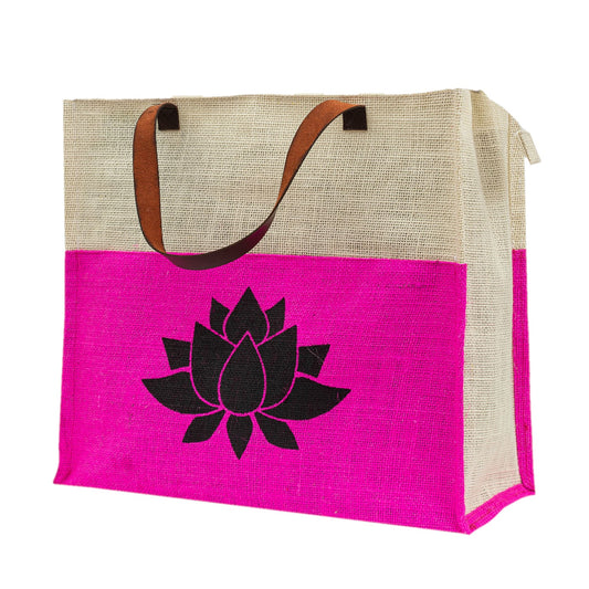 Two-Tone Jute Tote Bag with Lotus Print