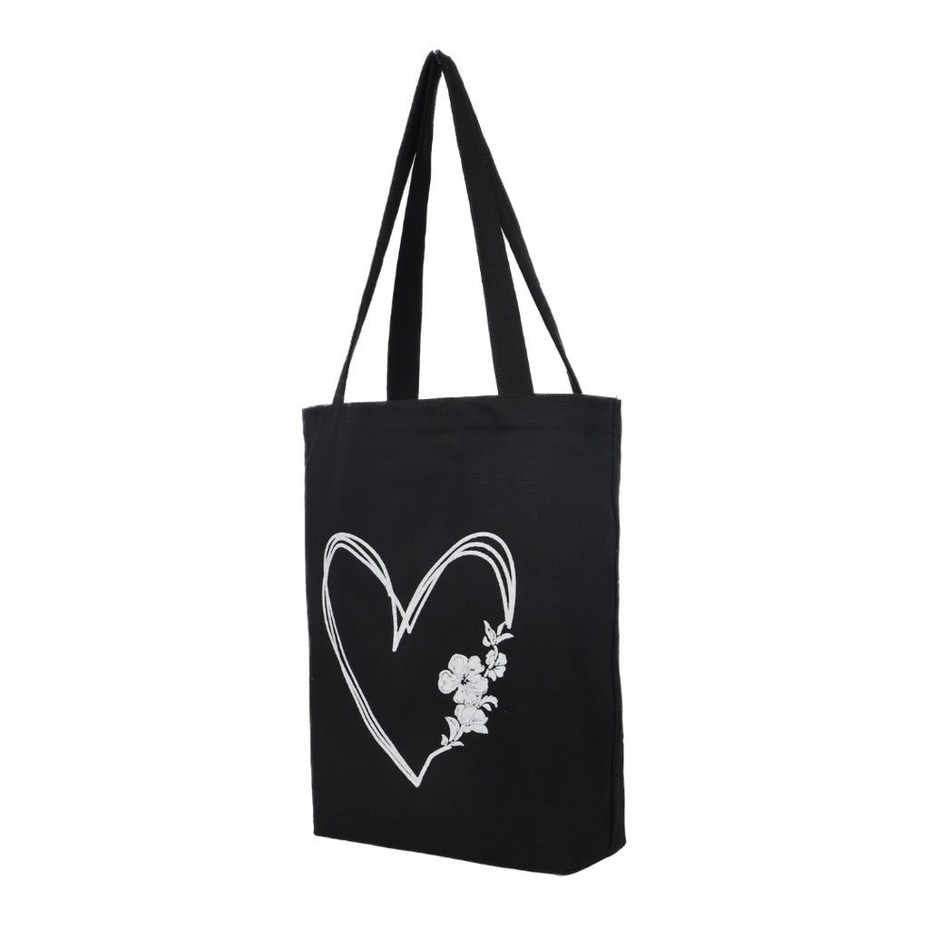 Elegant Heart & Floral Black Cotton Tote Bag