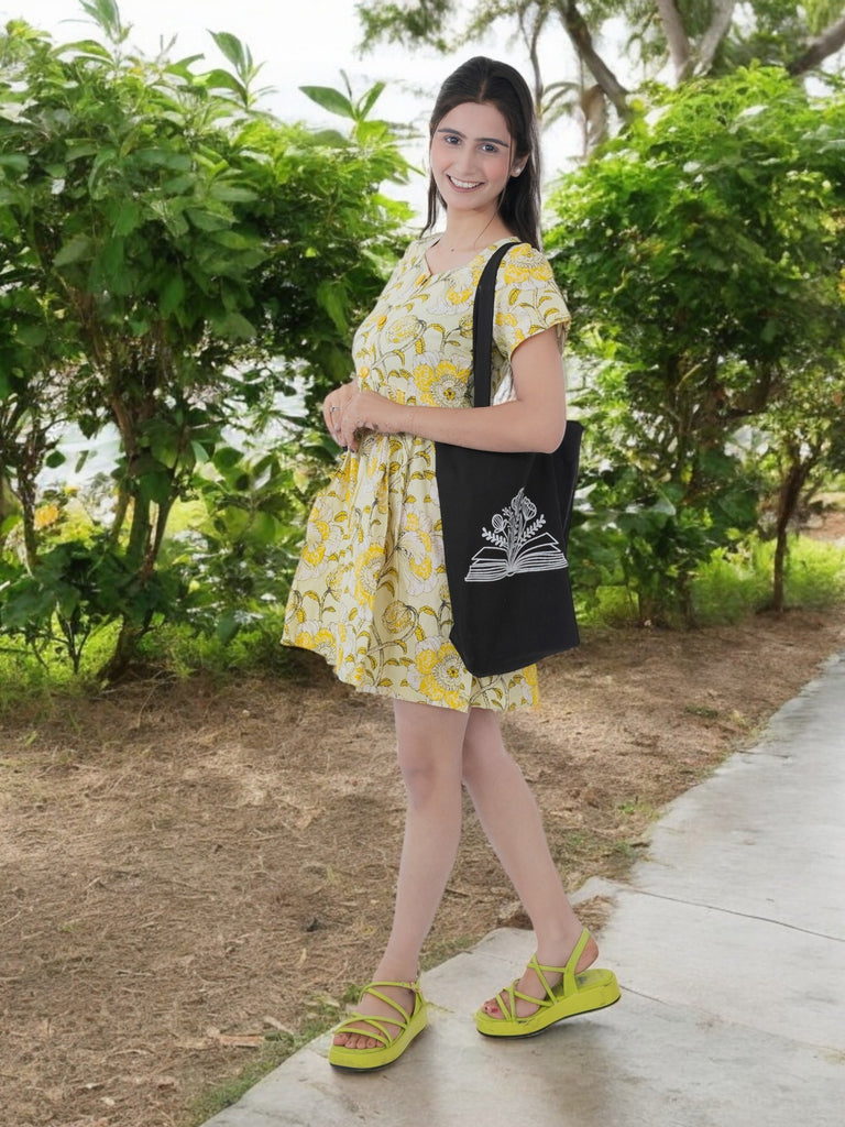 Literary Bloom Black Cotton Tote Bag