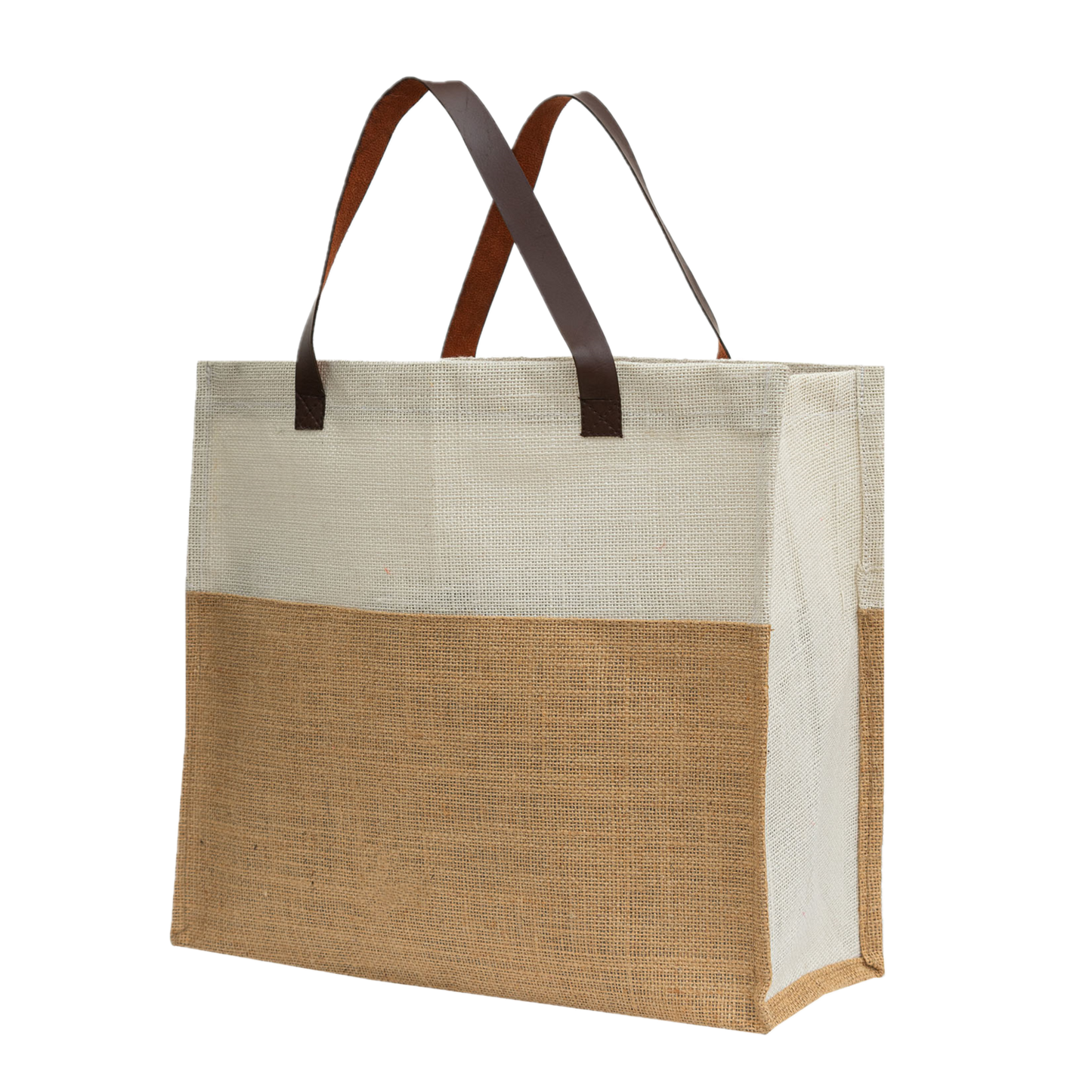 Two-Tone Jute Tote Bag with Leather Handle