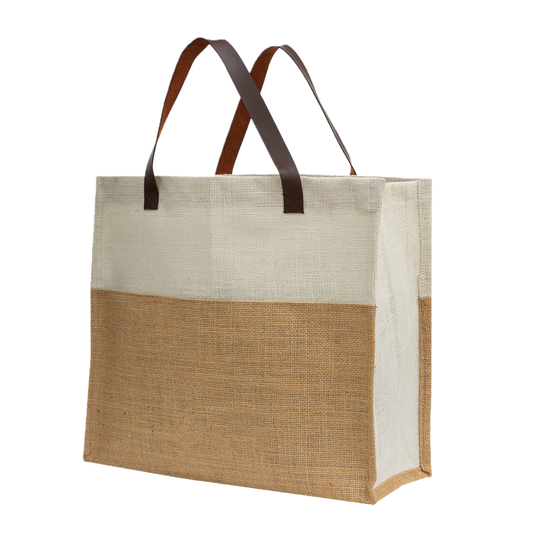 Two-Tone Jute Tote Bag with Leather Handle
