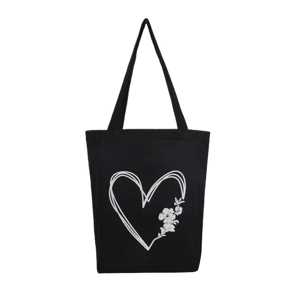 Elegant Heart & Floral Black Cotton Tote Bag