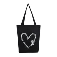 Elegant Heart & Floral Black Cotton Tote Bag