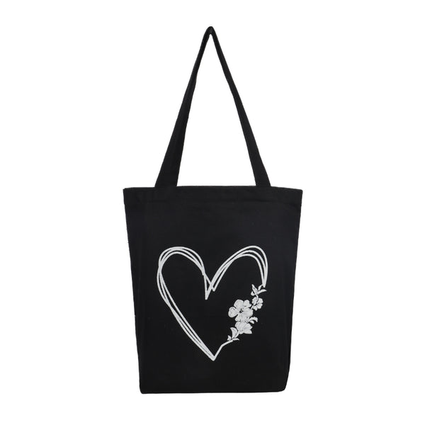Elegant Heart & Floral Black Cotton Tote Bag