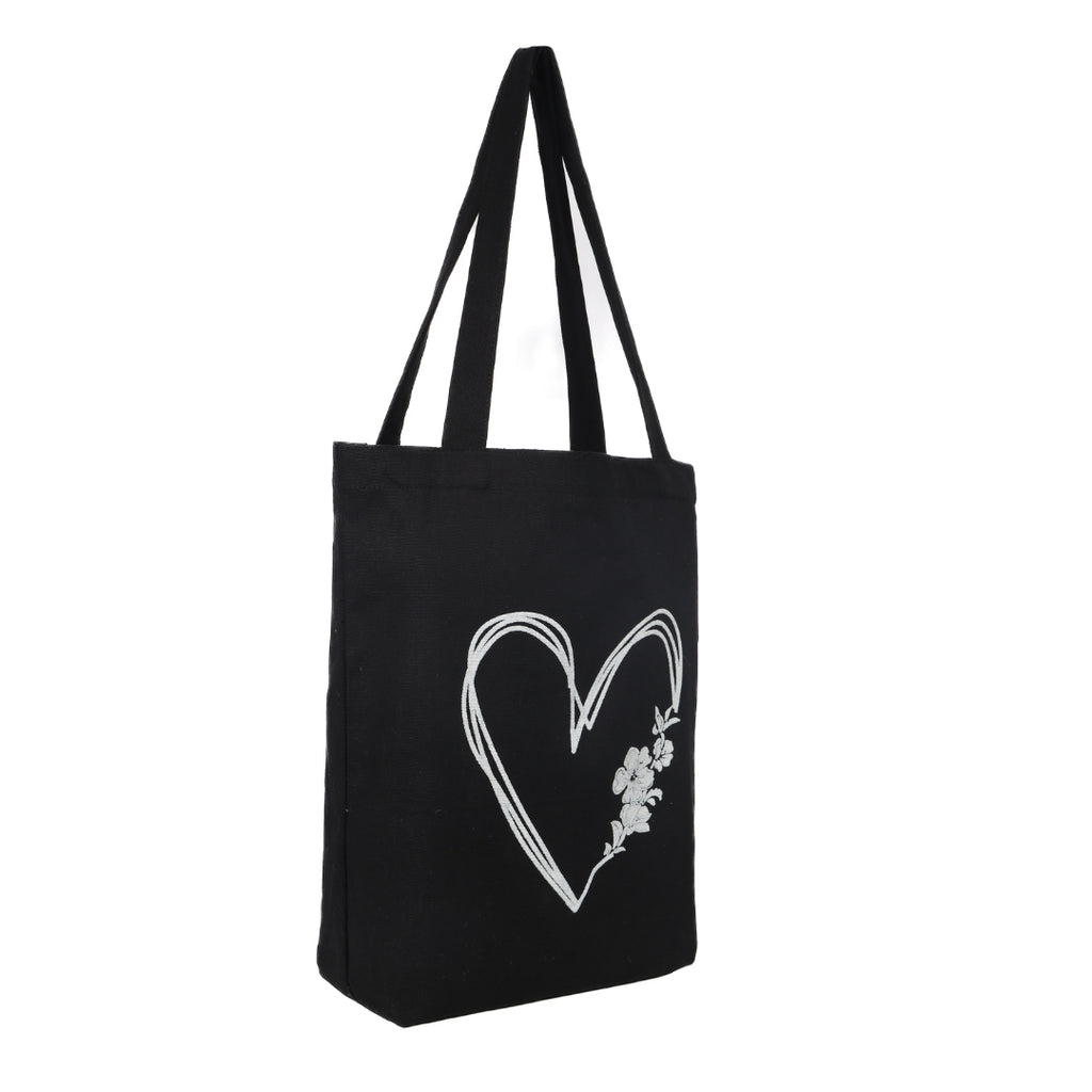Elegant Heart & Floral Black Cotton Tote Bag