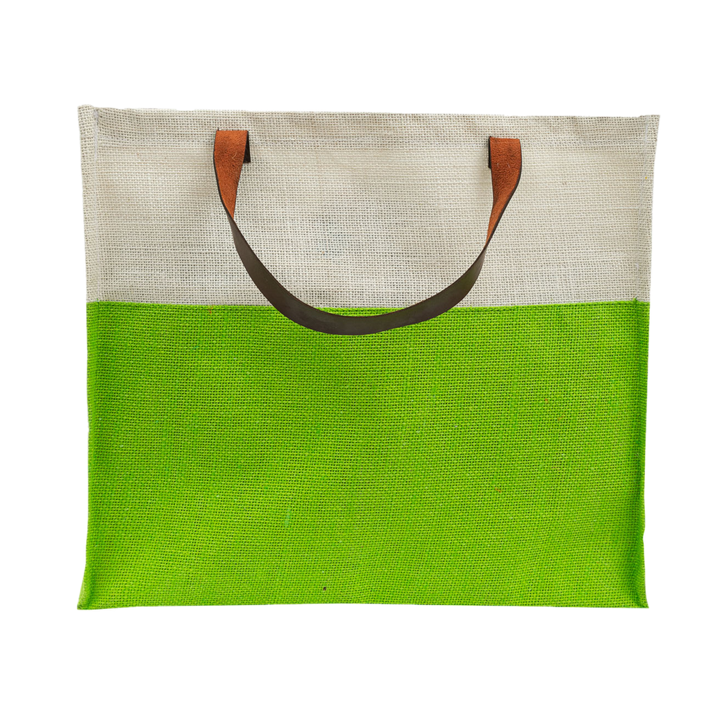 Two-Tone Jute Tote Bag with Leather Handle