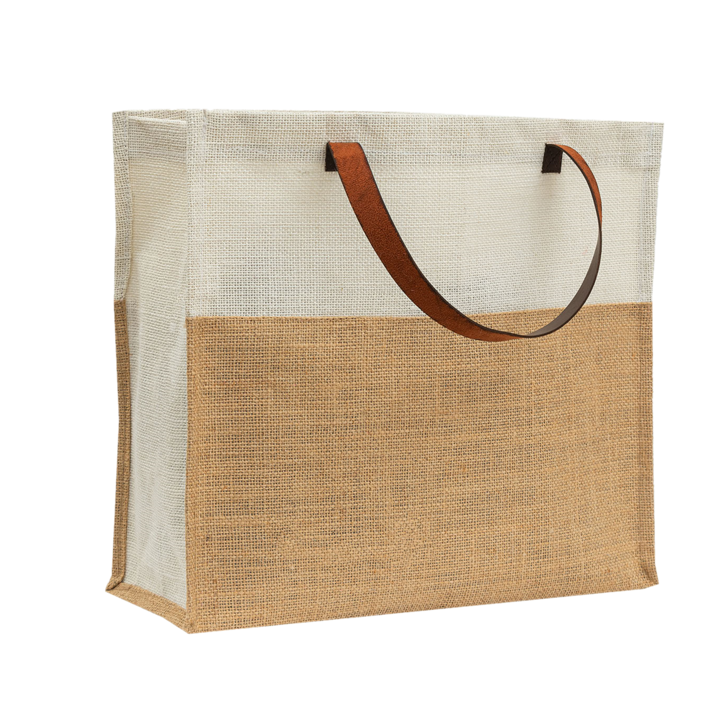 Two-Tone Jute Tote Bag with Leather Handle