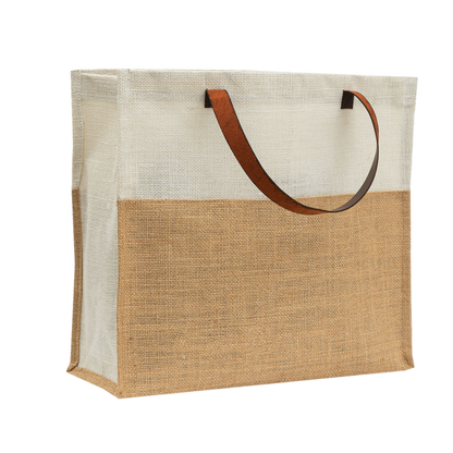 Two-Tone Jute Tote Bag with Leather Handle