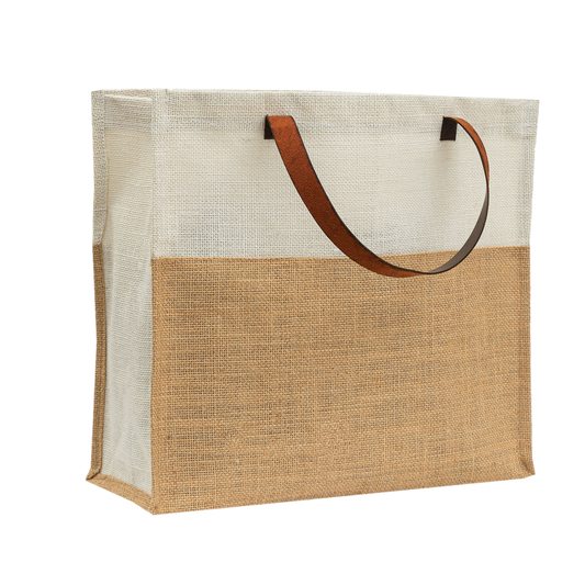 Two-Tone Jute Tote Bag with Leather Handle