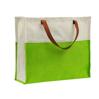 Two-Tone Jute Tote Bag with Leather Handle