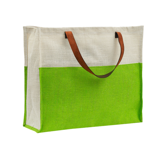 Two-Tone Jute Tote Bag with Leather Handle