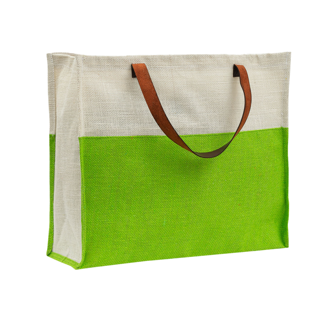 Two-Tone Jute Tote Bag with Leather Handle