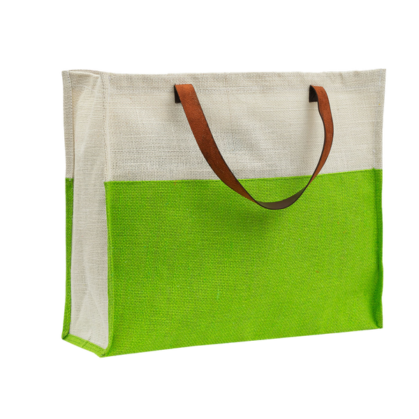 Two-Tone Jute Tote Bag with Leather Handle