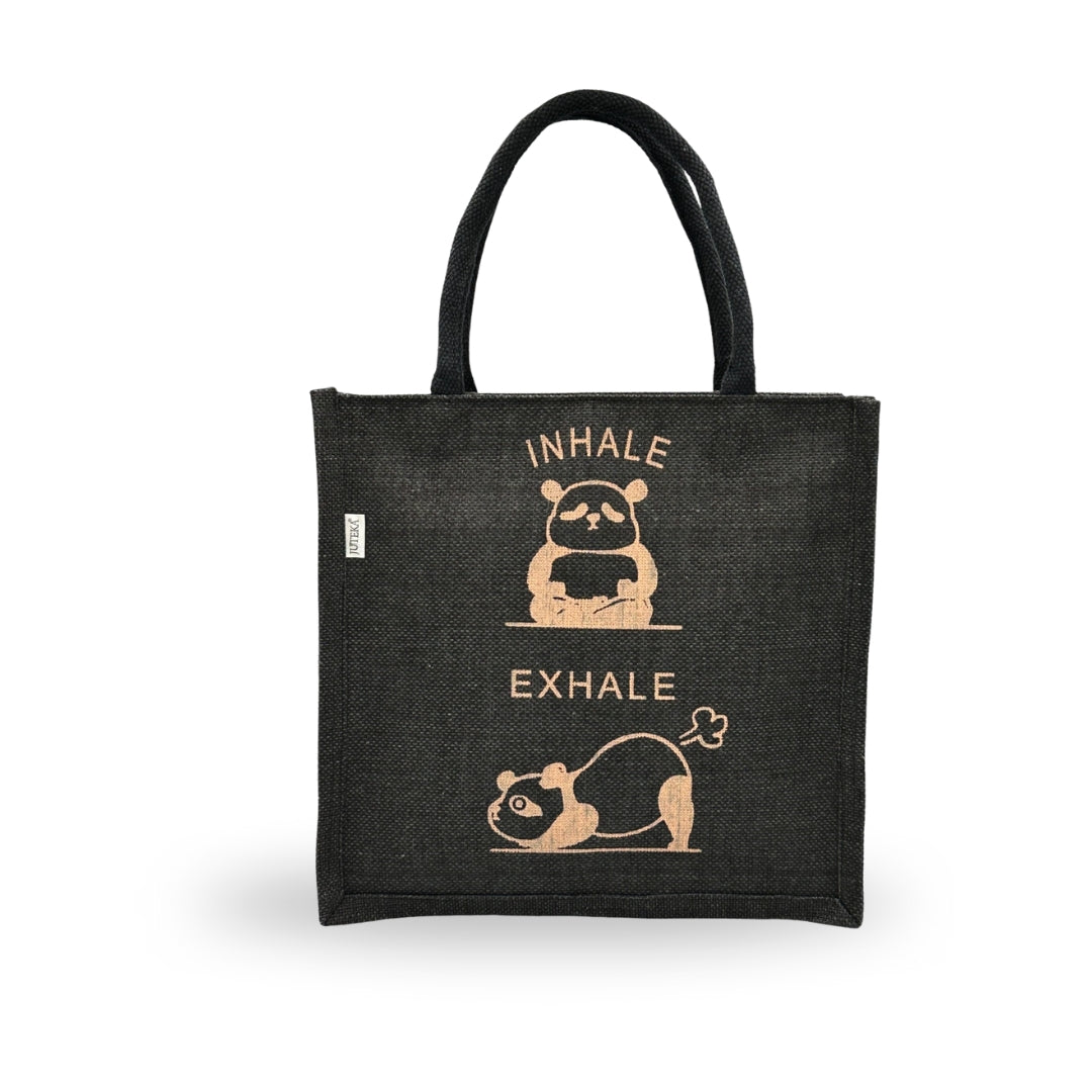 "Inhale Exhale" Panda Jute Tote Bag