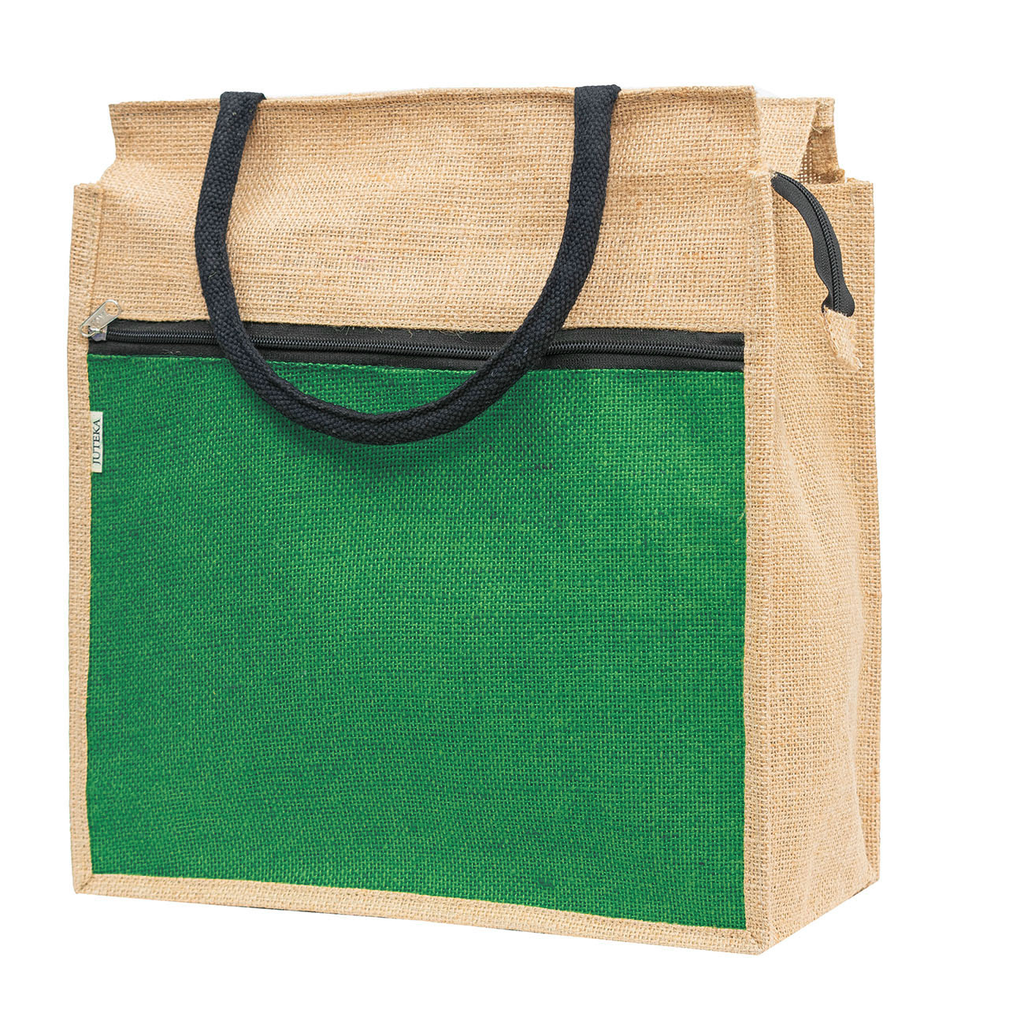 Jute Tote Bag with White Zipper Pocket
