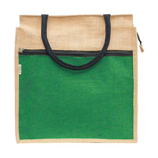 Jute Tote Bag with White Zipper Pocket