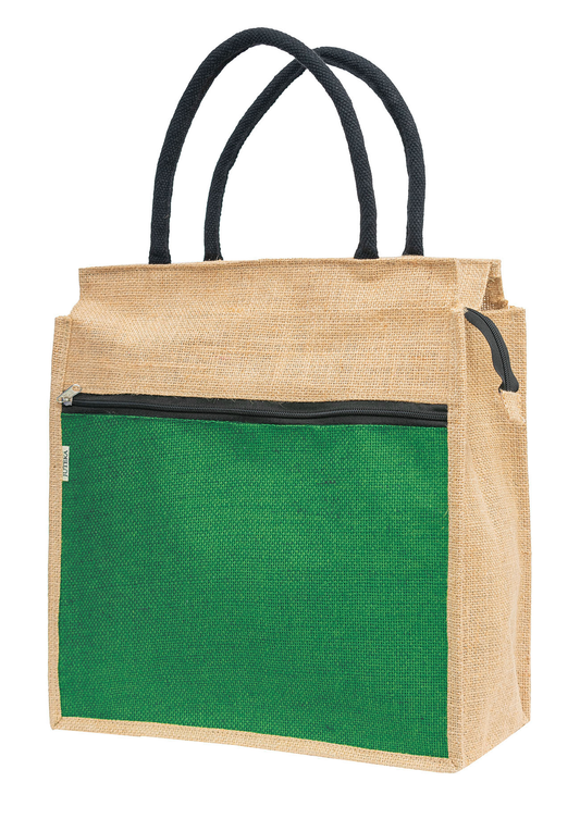 Jute Tote Bag with White Zipper Pocket