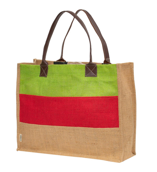 Tri-Colour Jute Tote Bag with Leather Handles